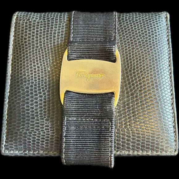 Salvatore Ferragamo Dark Blue Leather Wallet with Gold Accent Vintage Good Cond - Picture 1 of 7